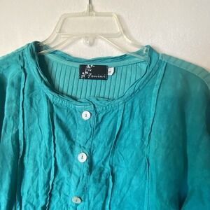 Fenini Linen Feel Tunic Large Knit Back Teal Green Long Sleeve Boho Faux Button